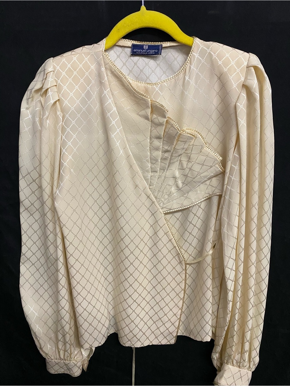 Emanuel Ungaro Cream Satin Ruffled Diamond-Print Wrap Around Blouse